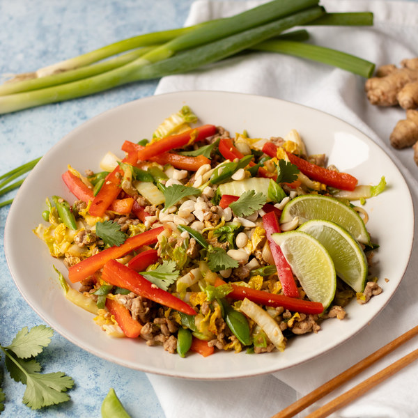 Spicy Napa Cabbage "Pad Thai" with Pork, Bell Peppers & Sugar Peas