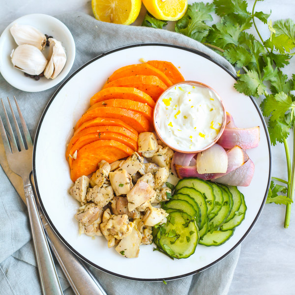 Sheet Pan Roasted Chicken & Veggies with Lemony Yogurt Dip