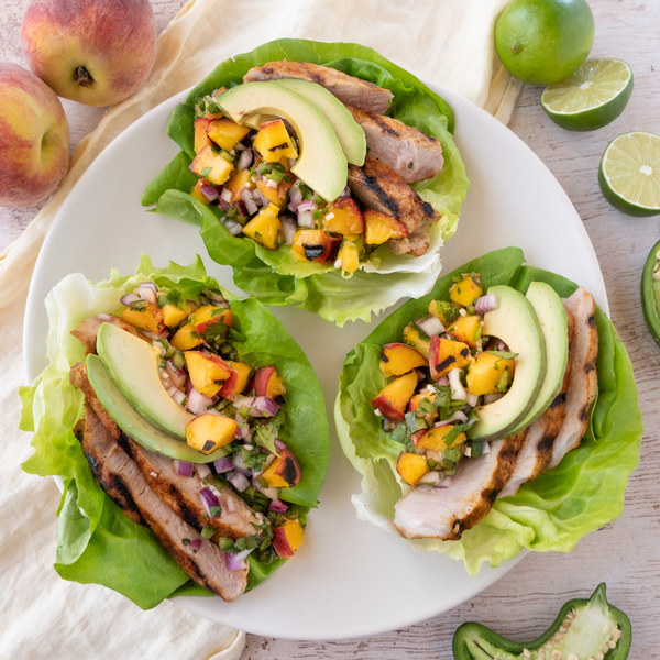Grilled Pork Tacos with Avocado & Fresh Peach-Lime Salsa