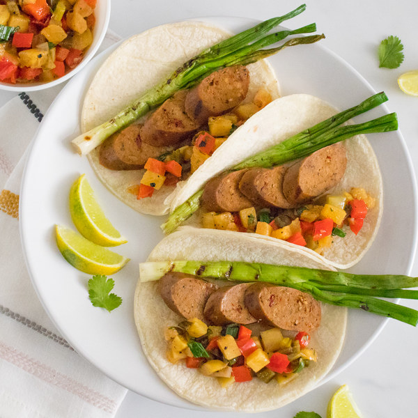 Grilled Veggie Sausage Tacos with Charred Pepper & Pineapple Salsa