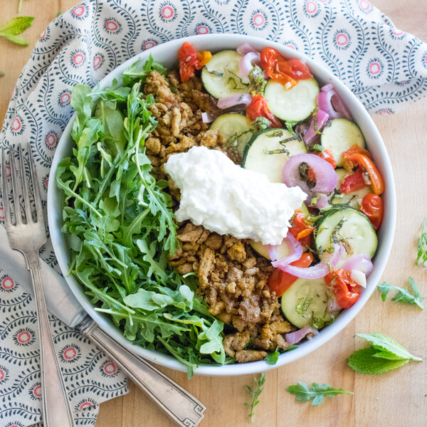Beefy Shawarma Bowl with Creamy Feta and Garlic Roasted Vegetables