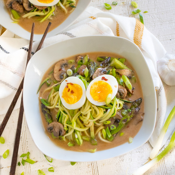 Sesame Zucchini Noodle Soup with Veggies & Soft-boiled Eggs