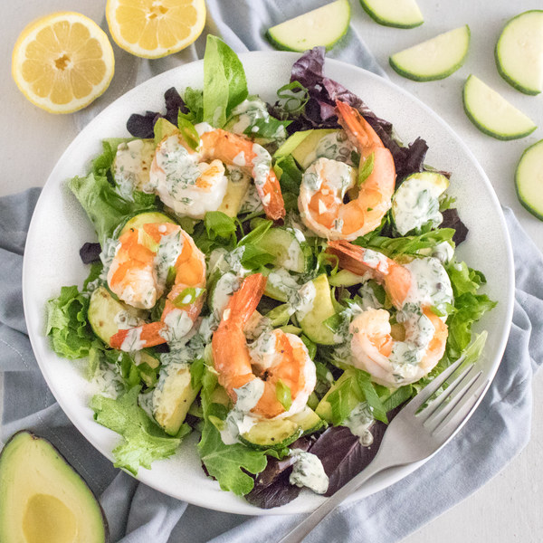 Warm Shrimp Salad with Mixed Veggies, Avocado & Lemon Caper Dressing