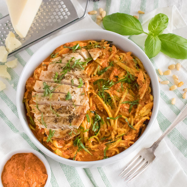 Oregano Chicken over Parmesan-Red Pepper Pesto Zucchini Noodles