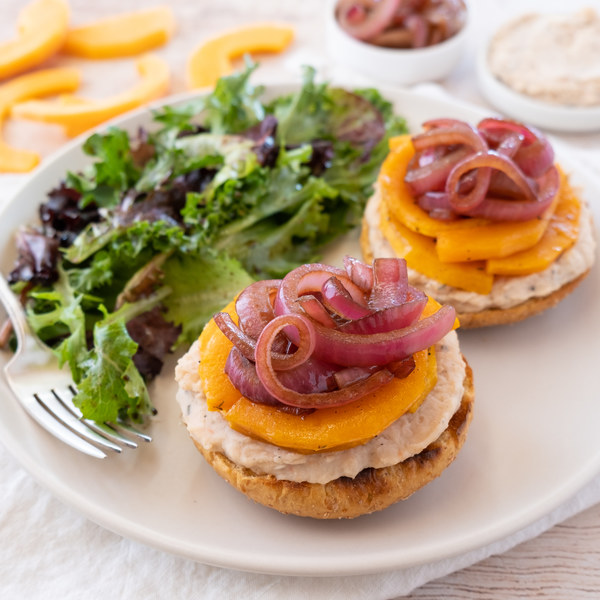 Butternut Squash, White Bean & Balsamic Onion Tartines with Side Salad