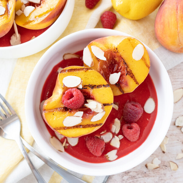 Grilled Peaches with Raspberry Sauce & Almonds