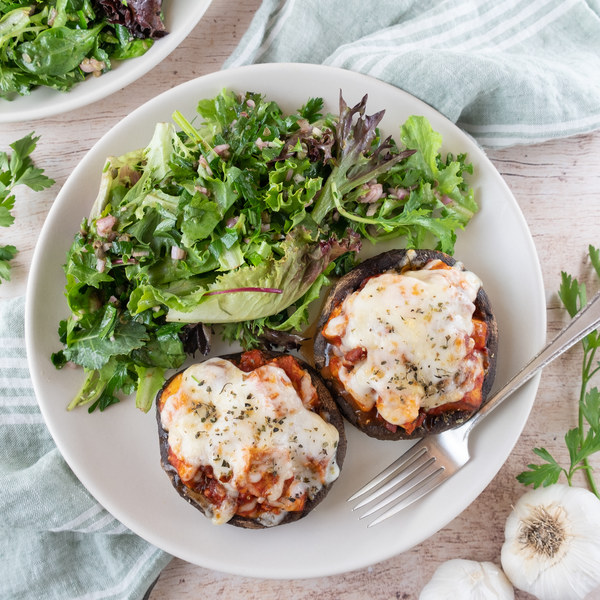 Tofu Portobello Melts with Mixed Greens & Salsa Verde Vinaigrette