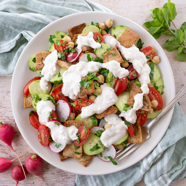 Mediterranean Chickpea & Bread Salad (Fattoush) with Feta Dressing
