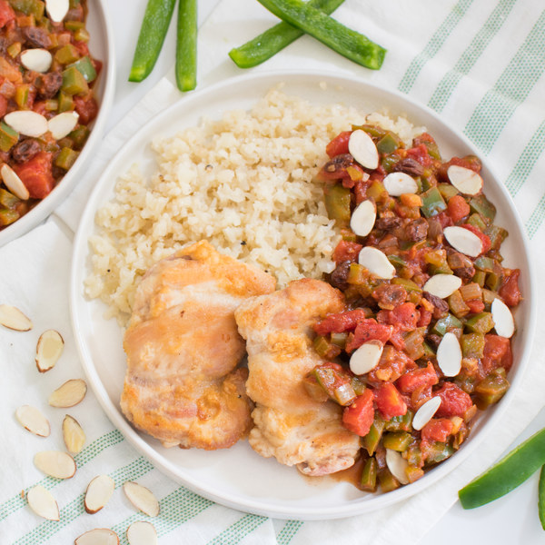 Chicken with Stewed Curry Tomatoes & Peppers over Cauliflower Rice