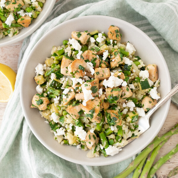 Lemon-Herb Chicken over Primavera Cauliflower Rice Salad with Feta