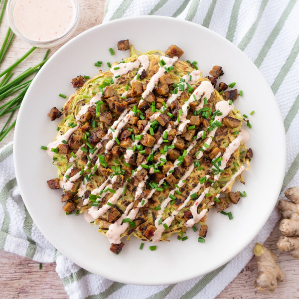 Japanese-Style Broccoli Slaw Pancake (Okonomiyaki) with Veggie Sausage