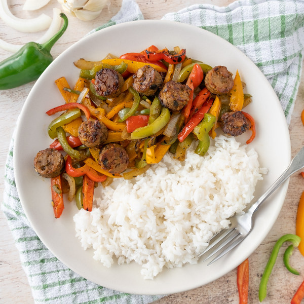 Italian-style Vegan Sausage & Mixed Pepper Sauté with Rice