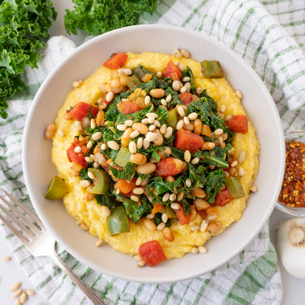 Kale-Cannellini Bean Skillet with Polenta & Pine Nuts