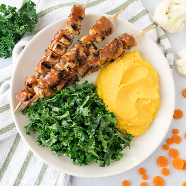 BBQ Pork Skewers with Cauliflower-Carrot Mash & Kale Salad