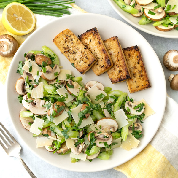 Spicy Baked Tofu with Italian Mushroom, Celery & Pine Nut Salad
