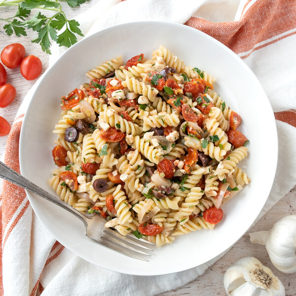 Rotini Pasta with Oven-Roasted Cherry Tomatoes, Olives, Parsley & Feta