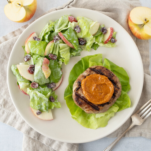 Pork-Apple Burger Lettuce Wrap with Creamy Cranberry Mixed Greens
