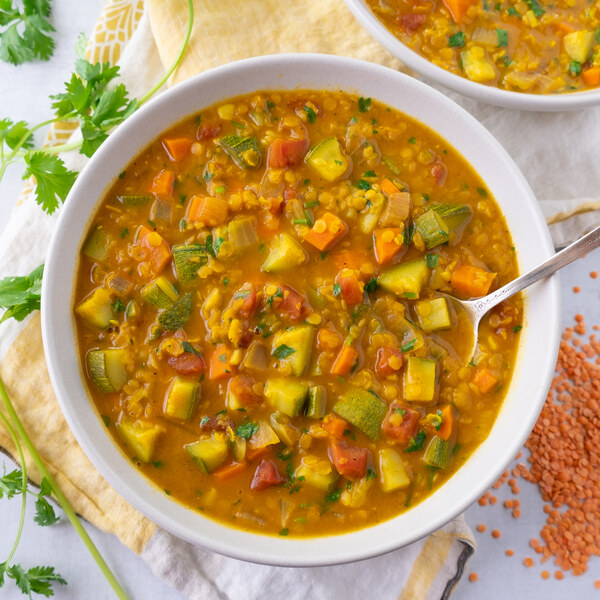 Curried Coconut-Red Lentil Soup with Veggies & Cilantro