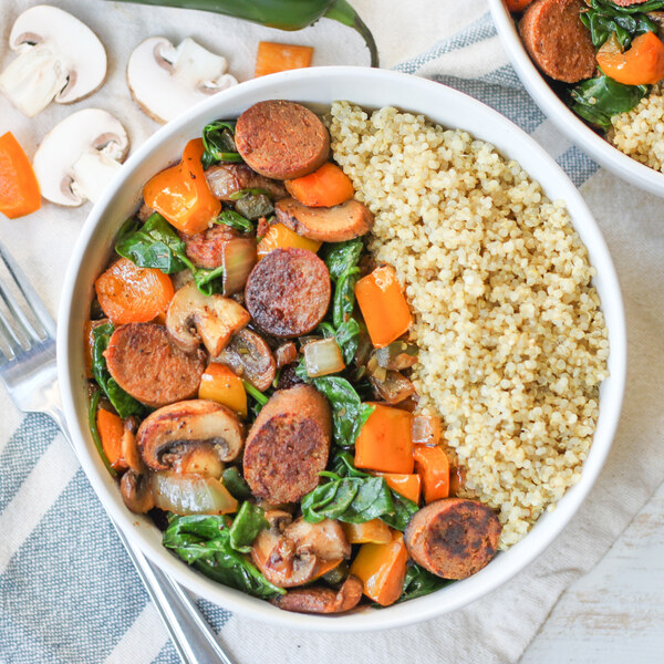 Spicy Sausage, Mushroom & Bell Pepper Quinoa Bowl with Wilted Spinach