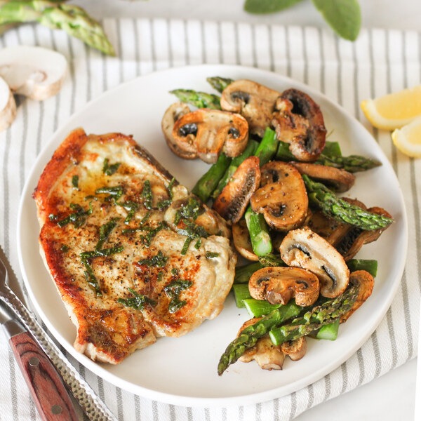 Pork Chops with Sage Butter, Roasted Mushrooms & Asparagus