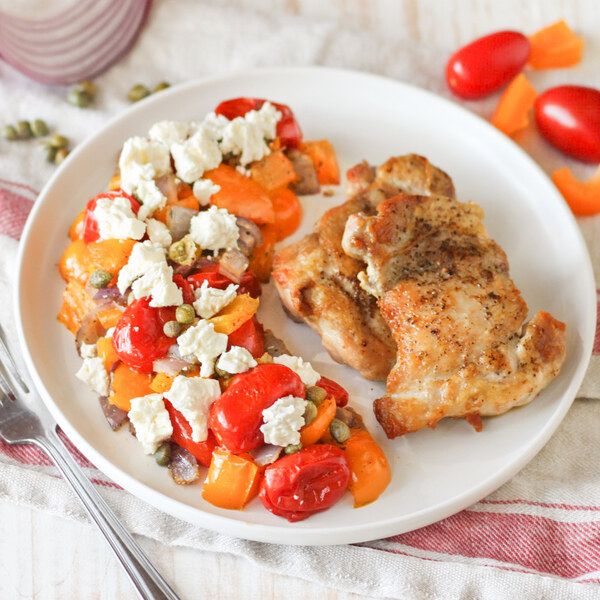 Baked Chicken Thighs with Tomato-Pepper Ragout, Capers & Feta