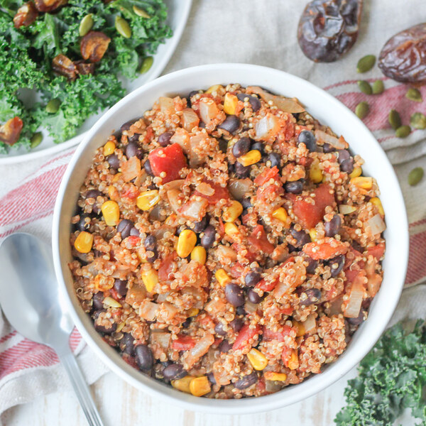 Quinoa Black Bean Chili with Kale-Date Salad & Dijon Dressing
