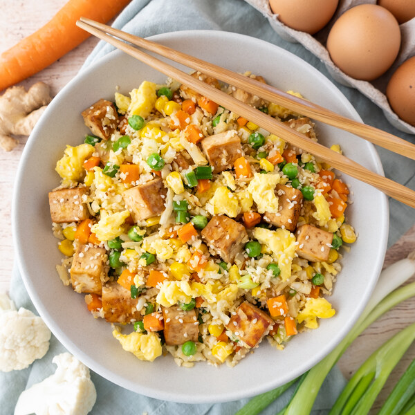 Tofu "Fried Cauliflower Rice" with Eggs, Carrots, Peas & Green Onions