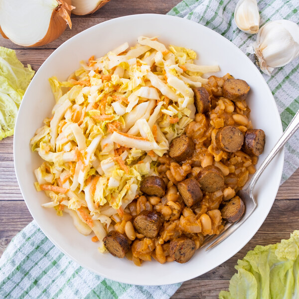 BBQ Cannellini Beans with Veggie Sausage & Napa Cabbage Coleslaw
