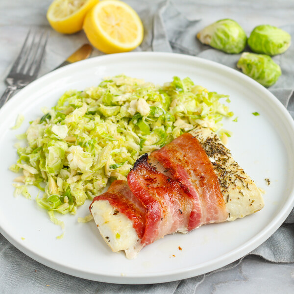 Bacon Wrapped Halibut with Lemony Brussels Sprout Salad