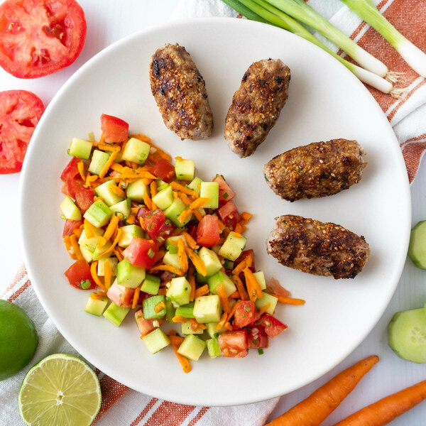 Grilled Asian Pork Meatballs with Cucumber, Tomato & Carrot Salad