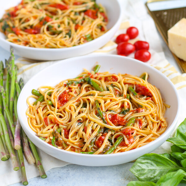 Roasted Tomato Pasta with Asparagus, Parmesan & Basil