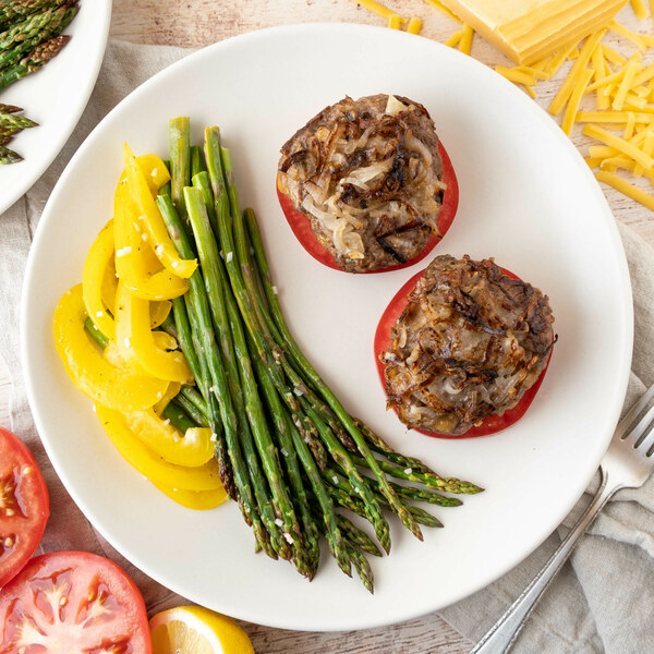 Cheesy Fried Shallot Burger Stacks with Lemony Asparagus & Peppers
