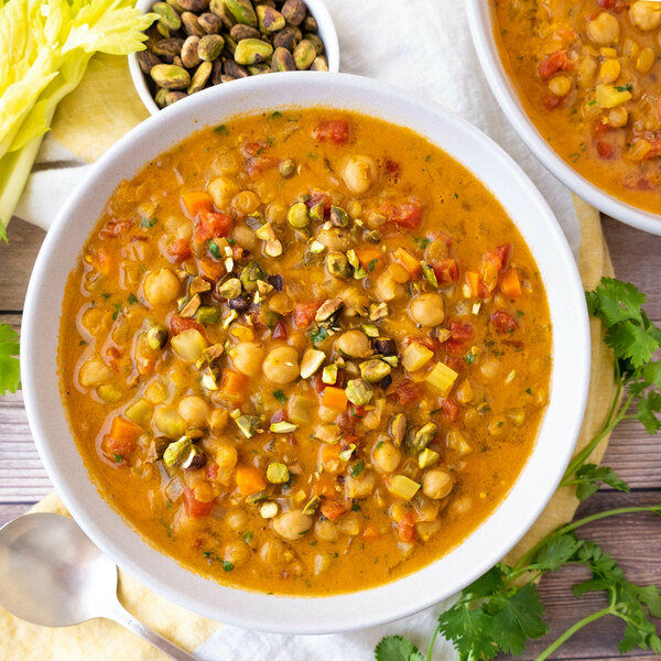 Spiced Veggie, Lentil & Chickpea Soup (Harira) with Pistachios