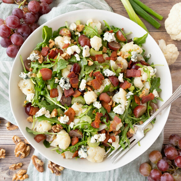 Cauliflower Salad with Bacon, Blue Cheese, Walnuts, Grapes & Arugula