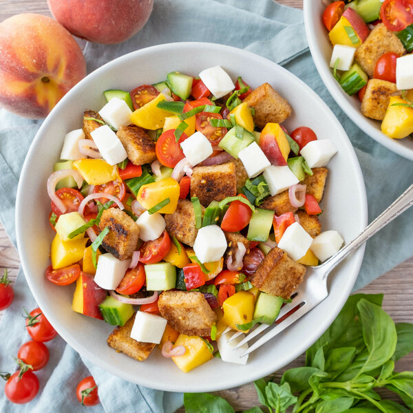 Tuscan Bread Salad (Panzanella) with Peaches, Fresh Mozzarella & Basil