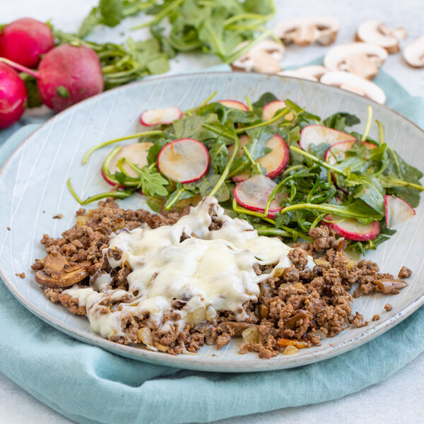 Cheesy Beef-Mushroom Bake with Arugula & Radish Salad