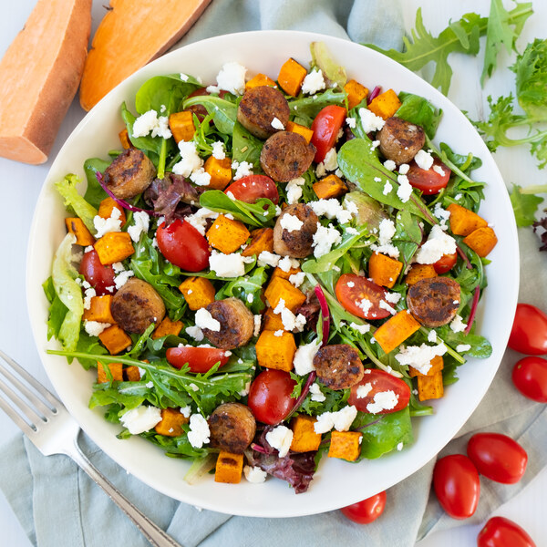 Italian Mixed Green Salad with Veggie Sausage, Sweet Potato & Feta