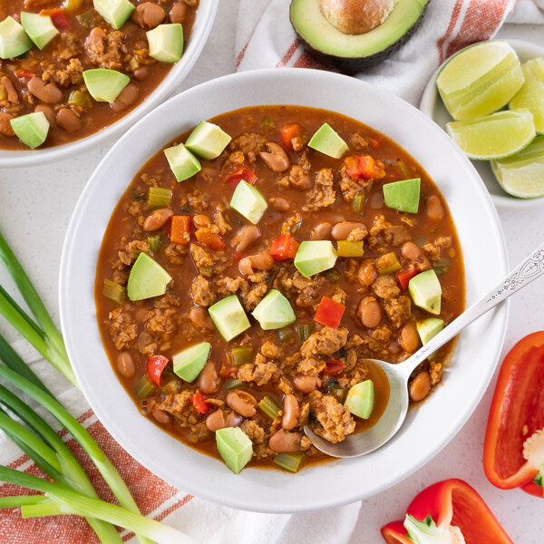 Chili-Style Beef Soup with Pinto Beans, Bell Pepper, Celery & Avocado