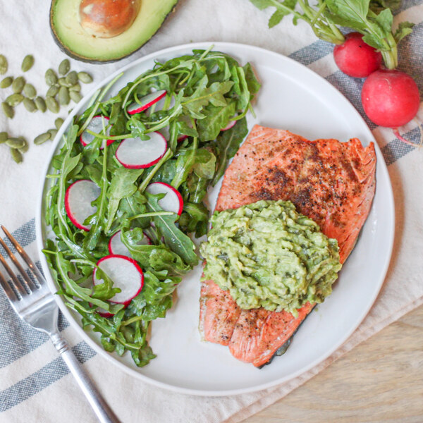 Cumin Salmon with Pumpkin Seed Guacamole & Arugula-Radish Salad