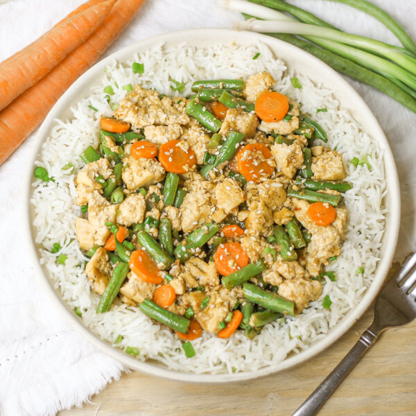 Asian Tofu Stir-Fry with Green Beans & Carrots over Rice