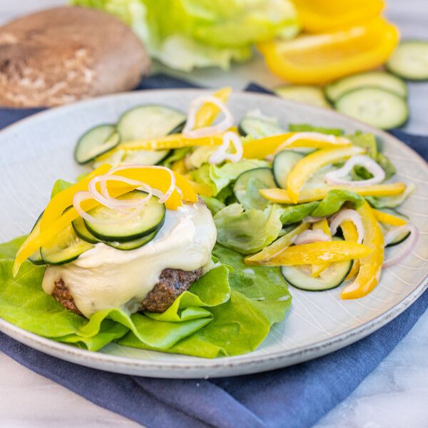 Cheesy Beef-Mushroom Burger Wrap with Pickled Veggies & Mixed Greens