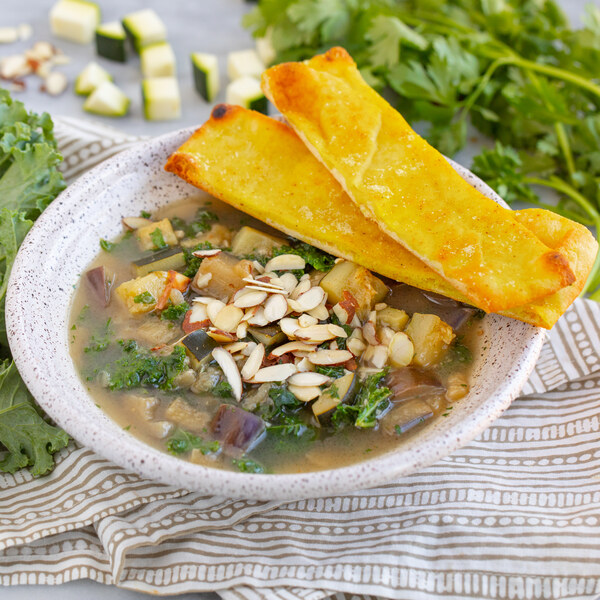 Veggie Soup with Eggplant, Zucchini, Kale, Almonds & Curry Breadsticks