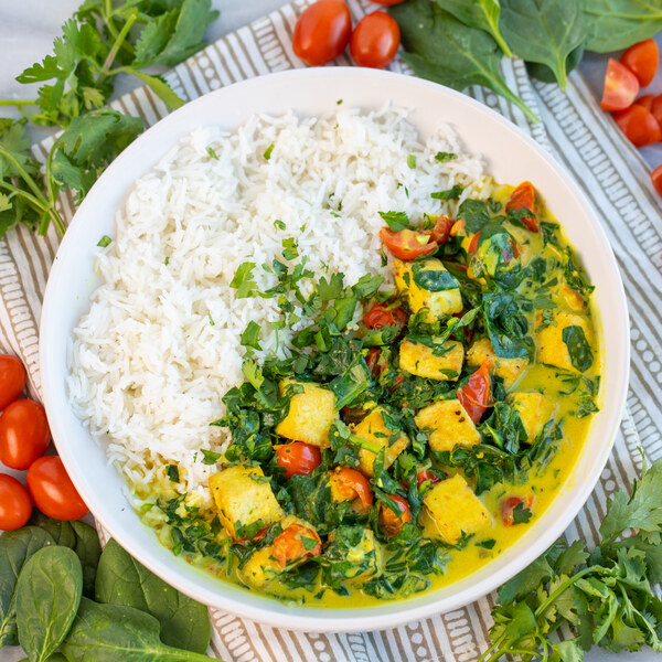 Tofu Coconut Curry with Spinach, Tomatoes, Cilantro & Rice
