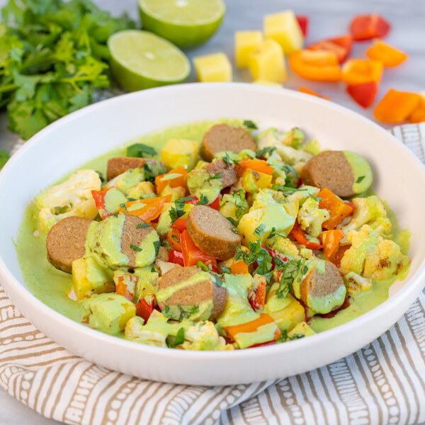 Vegan Sausage, Cauliflower & Pepper Bowl with Cilantro-Jalapeño Sauce