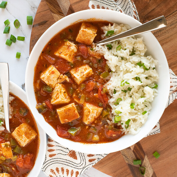 Tofu, Bell Pepper & Tomato Gumbo with Green Onion Rice