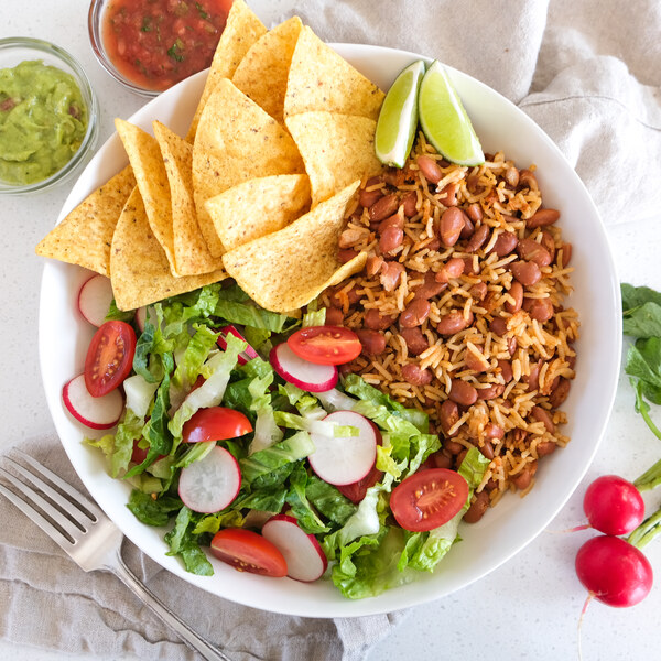Bean Burrito Bowl with Rice, Salad, Guacamole, Salsa & Chips