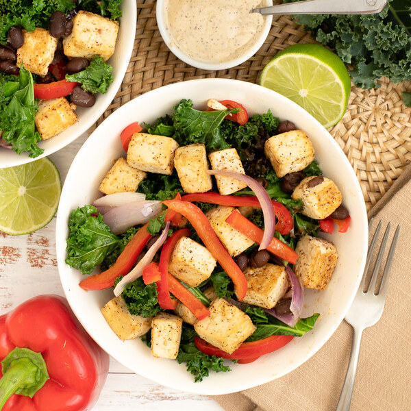 Fajita-Style Tofu Bowl with Bell Peppers, Onions, Kale & Lime Sauce