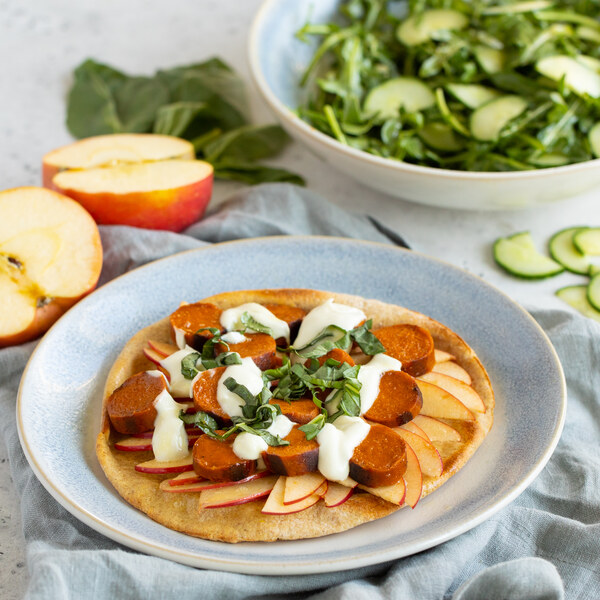Veggie Sausage, Apple & Goat Cheese Pita Pizza with Arugula Salad