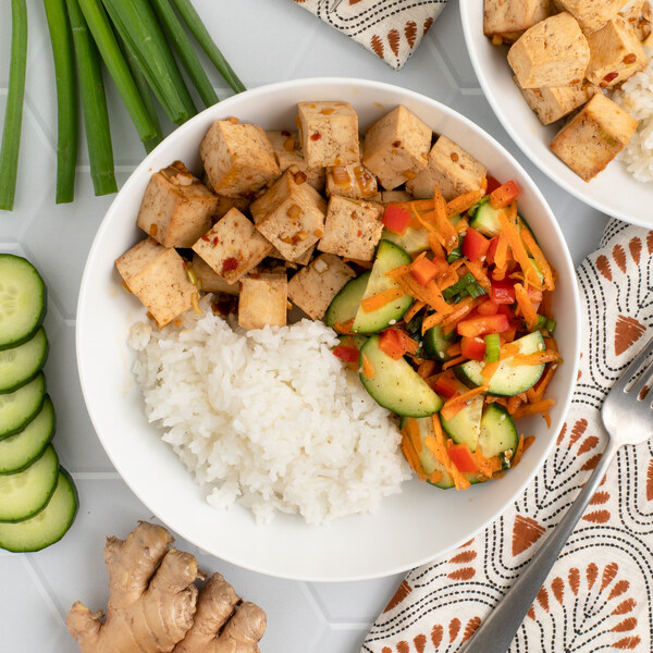 Korean-Style Tofu with Spicy Cucumber, Bell Pepper & Carrot Salad