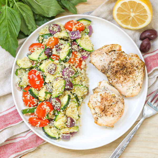 Roast Chicken Thighs with Tomato-Zucchini Couscous